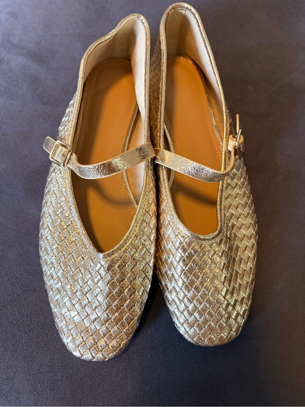 H&M Gold Metallic Woven Mary Jane Ballet Flats Size 41 NWOT